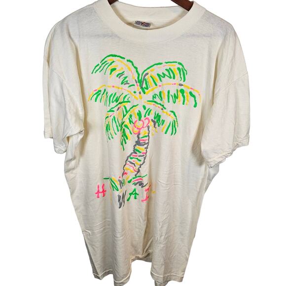 Vintage Neon Puff Paint Hawaii Printed Tourist Shirt Poly Tees 1991 XXXL 3XL - Picture 1 of 5
